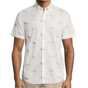 Bonobos Flamingo Print Standard Fit Short Sleeve White Button Down Shirt XL
